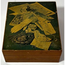 Vintage Trinket Box w/ Sheet Music White Gloves Graphic Rustic Wood Jewelry Box picture