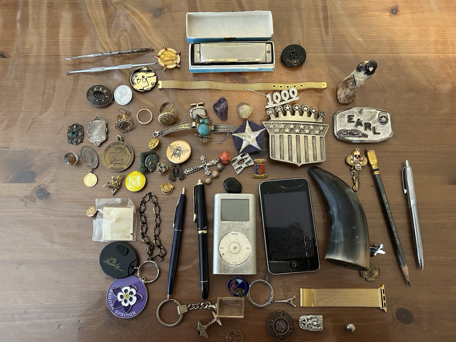 Lot 50+ pcs Pins Rings Pendants iPod Mini, Touch Harmonica Misc. Junk Drawer