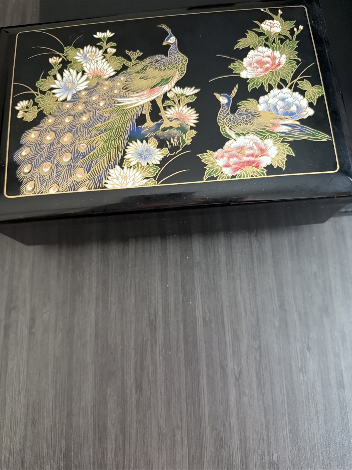 Vintage Japanese Lacquer Wooden Music Box Jewelry Box with Peacocks Design