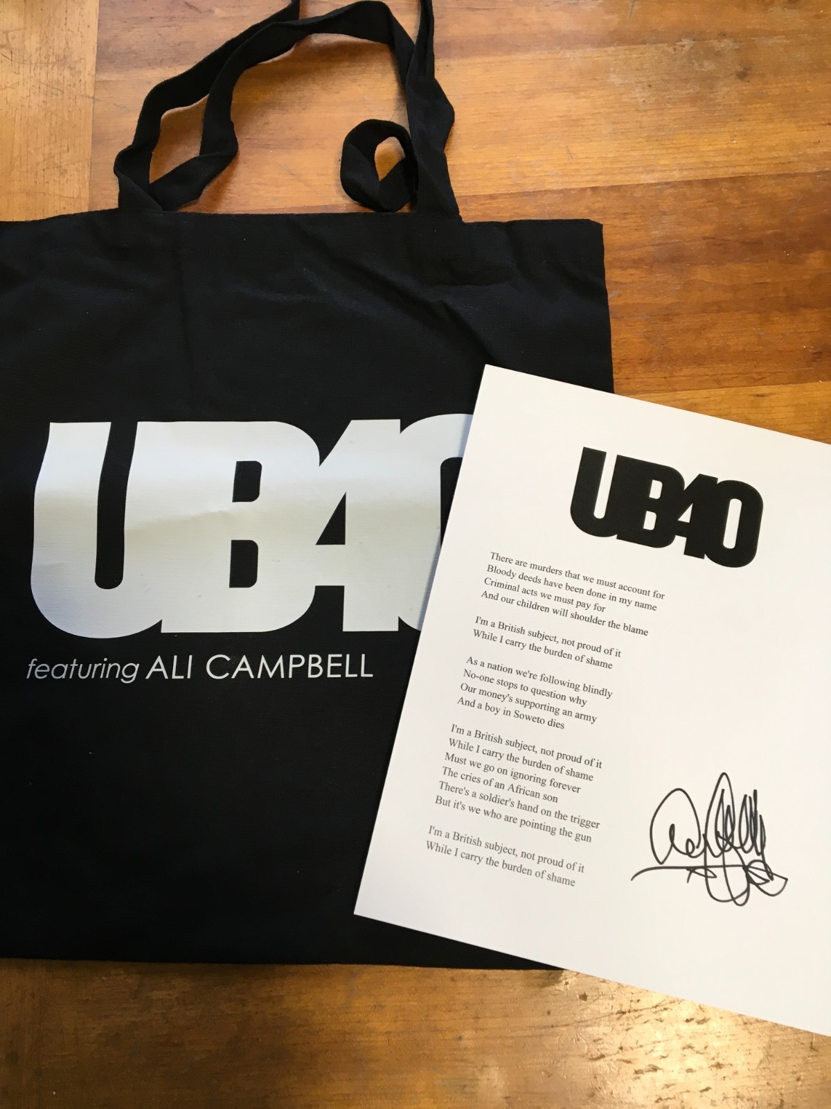 UB40 Ali Campbell signed Autograph - lyrics, PLUS rare tote bag