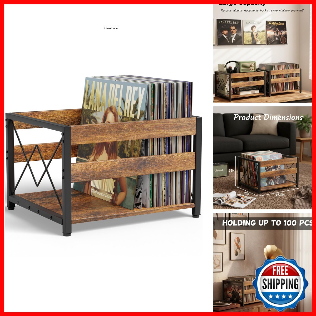 Y&M Vinyl Record Storage Crate, Brown, Holds 100+ Records