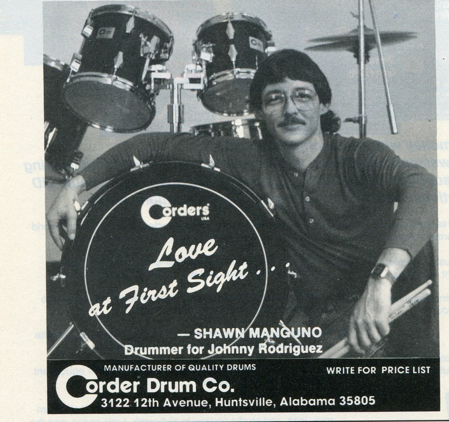 1989 small Print Ad of Corder Drums w Shawn Manguno of Johnny Rodriguez