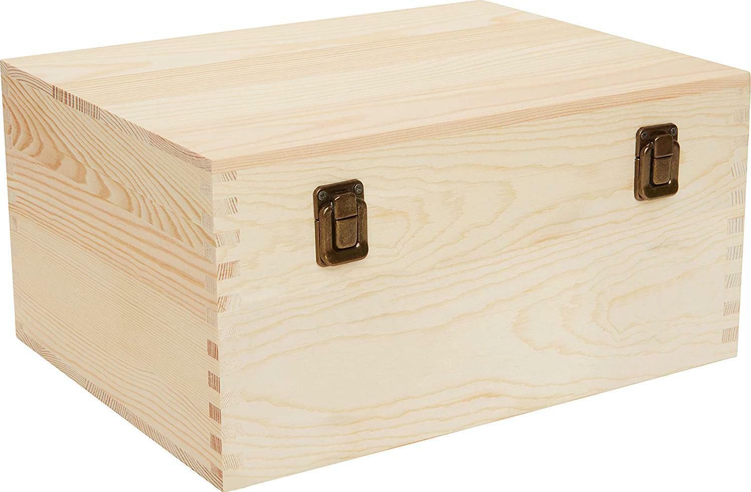  Extra Large Unfinished Pine Wood Box, 13x10x6.5 inches, Hinged Lid, 2 Clasps,