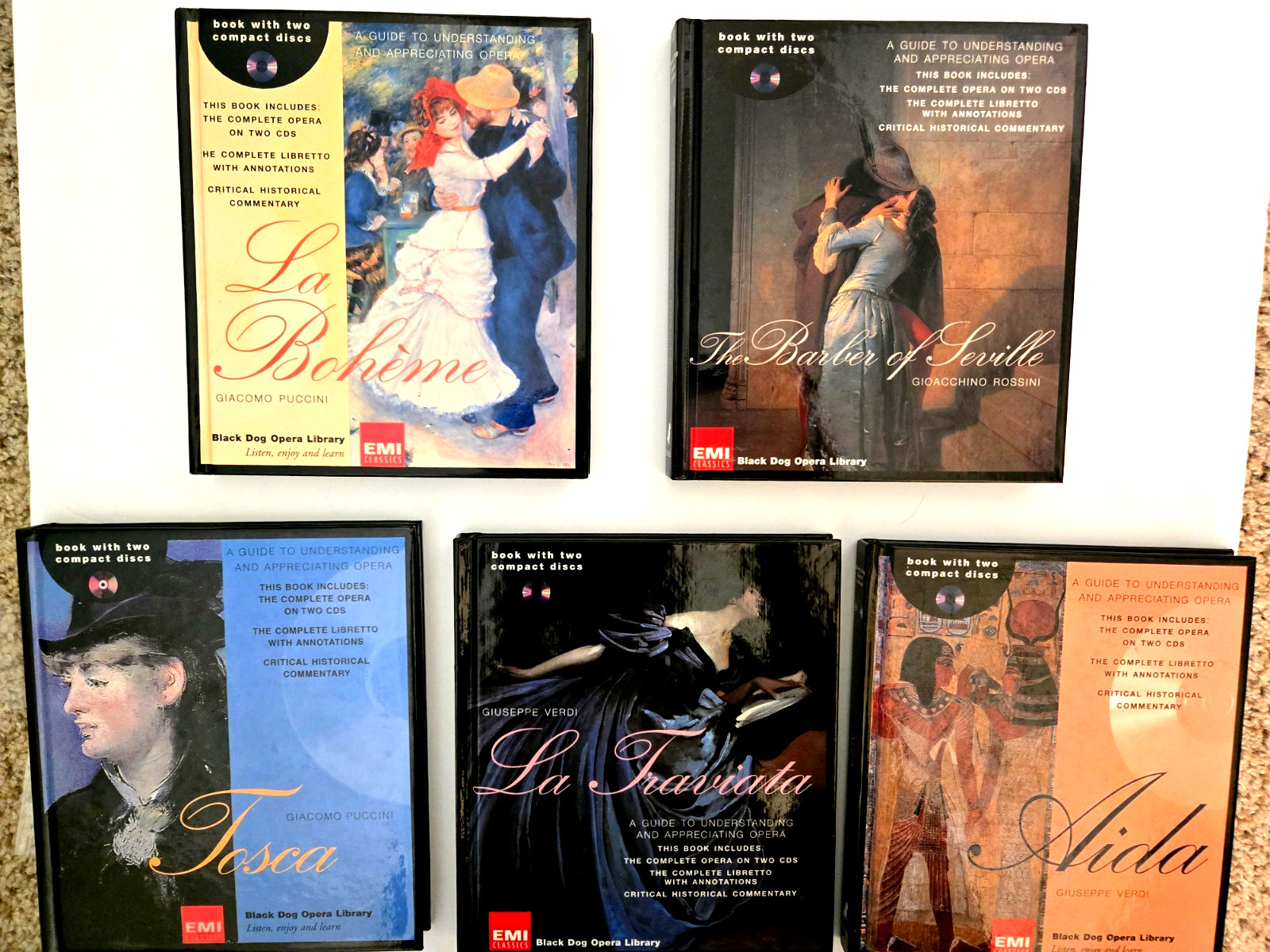 Lot of 5 Brand New Black Dog Opera Library-books & 10 CDS- Tosca, Boheme, Aida