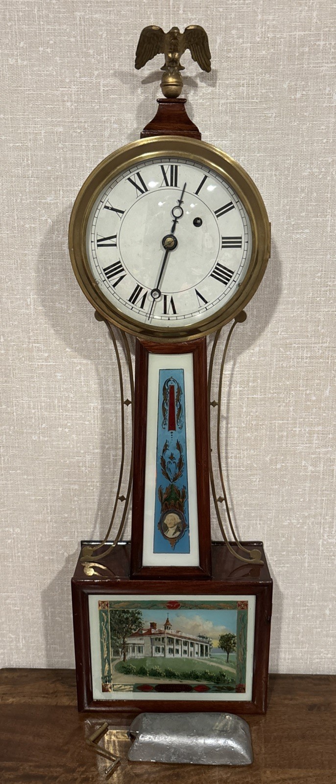 Antique Chelsea Clock Co. 3/4 Size Weight Driven Banjo Clock - Mt. Vernon Scene