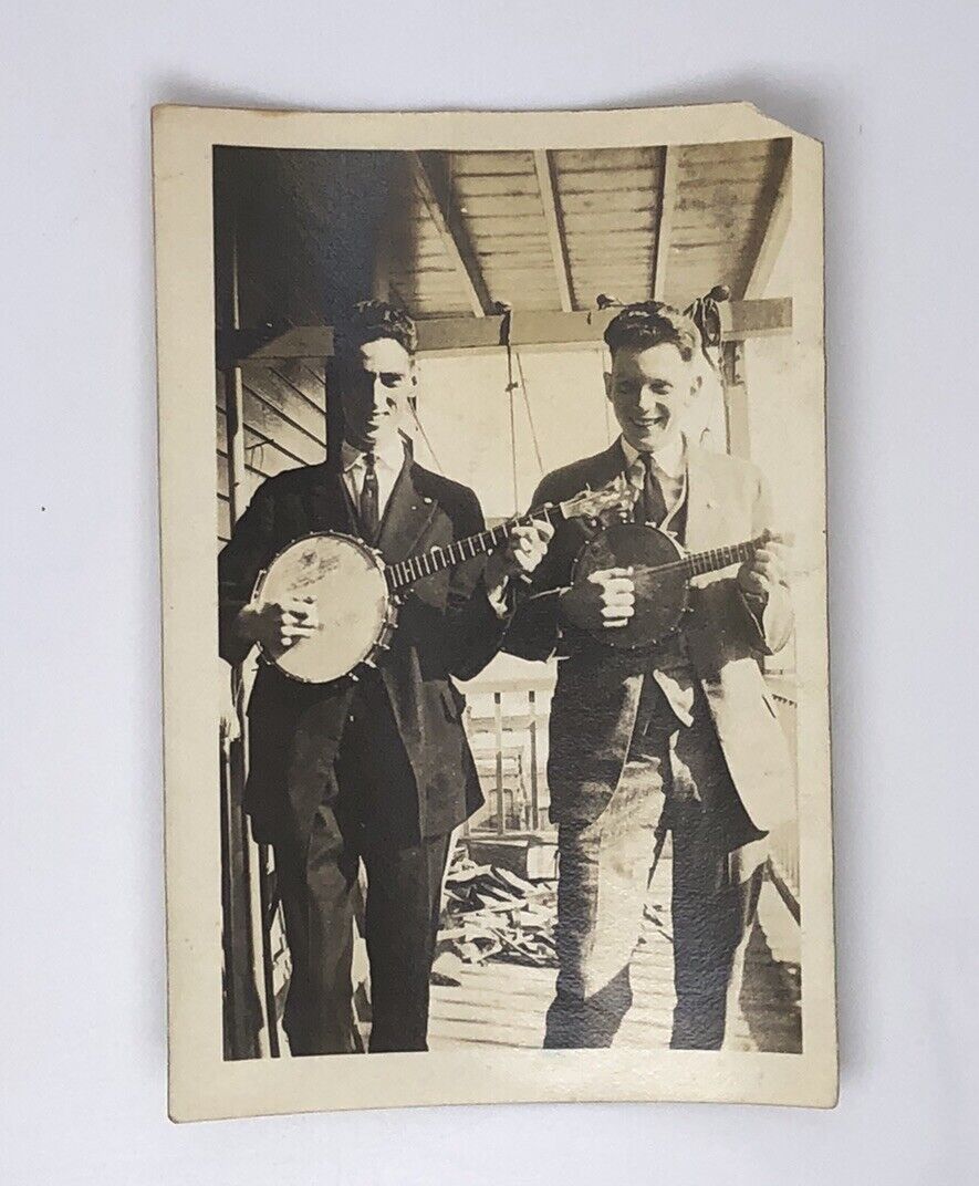Antique Wallet Size Vtg Photo Men Playing Banjo 