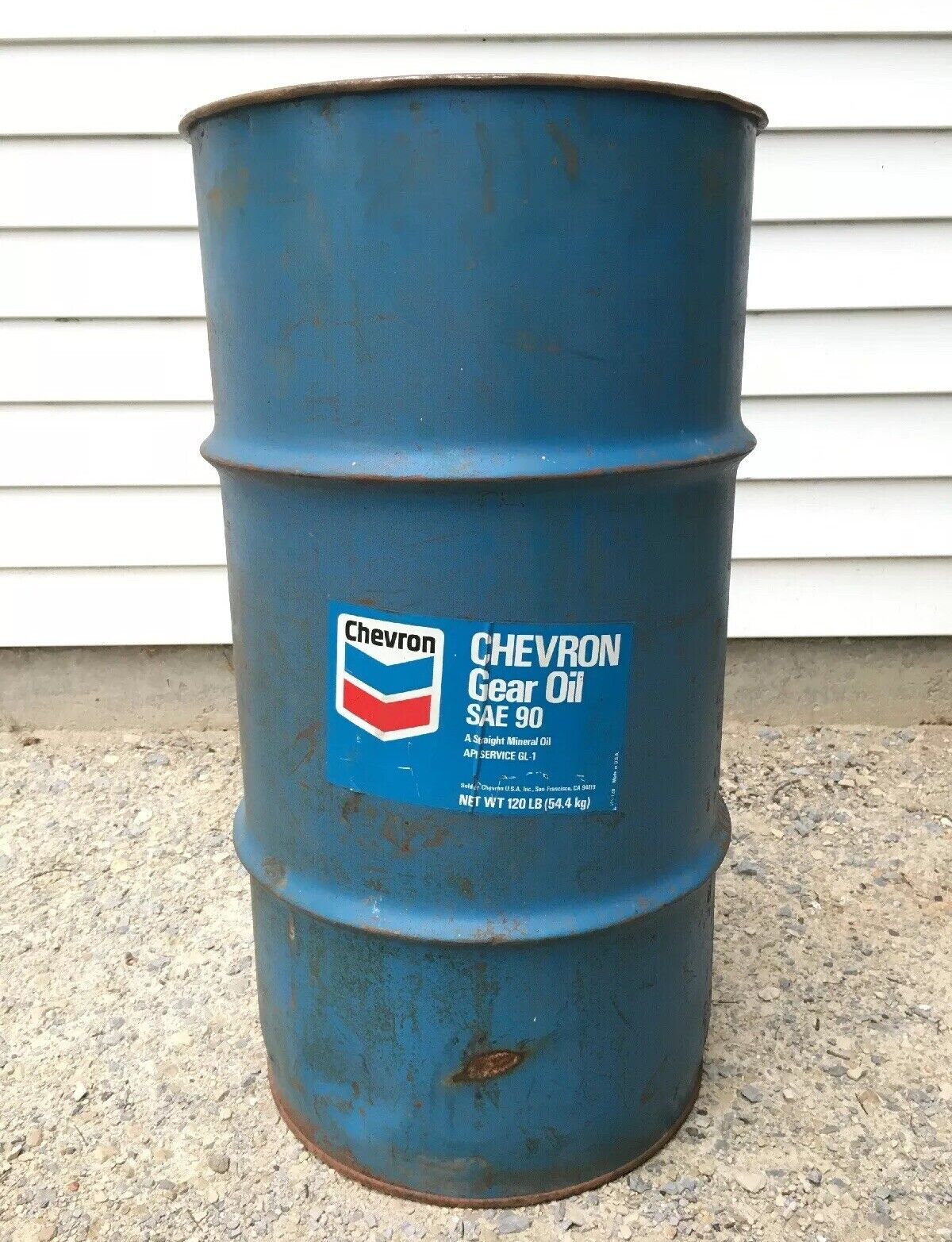 Vintage CHEVRON Barrel Gear Oil SAE 90 Blue Steel Drum GAS STATION Garbage Can