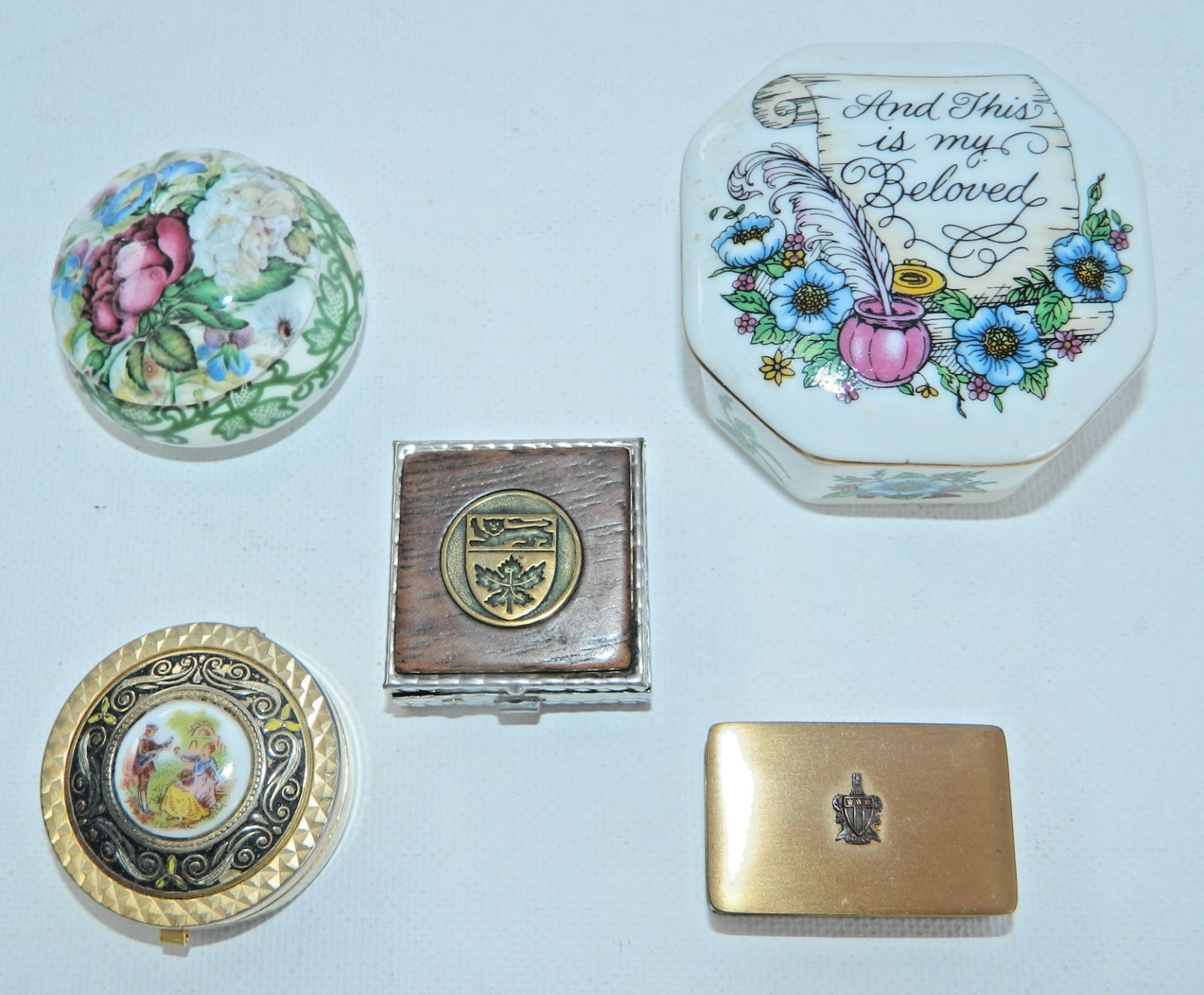 Lot of 5 Vintage Assorted Trinket boxes, pill boxes, music box