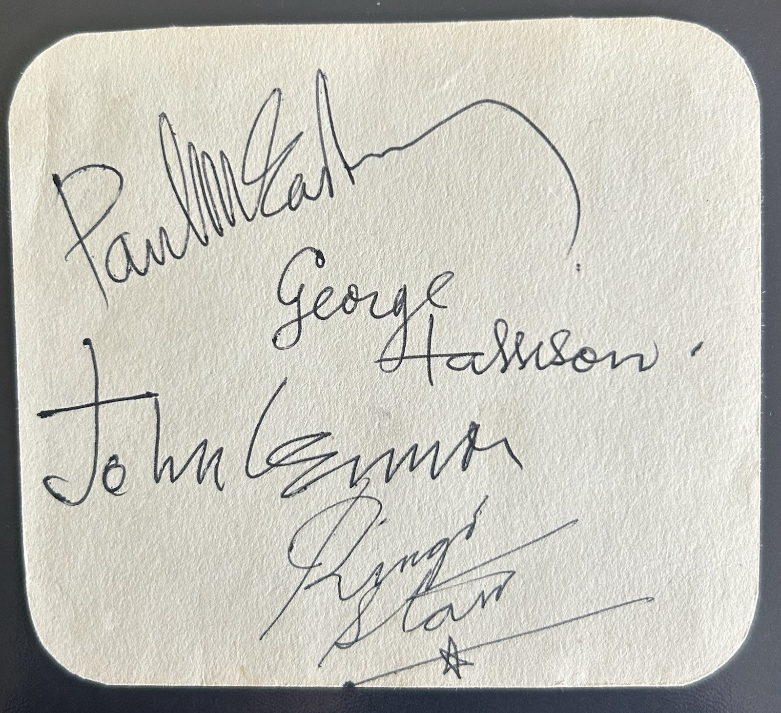Paul McCartney Rare Hand Signed Set Of Beatles Autographs In His Hand