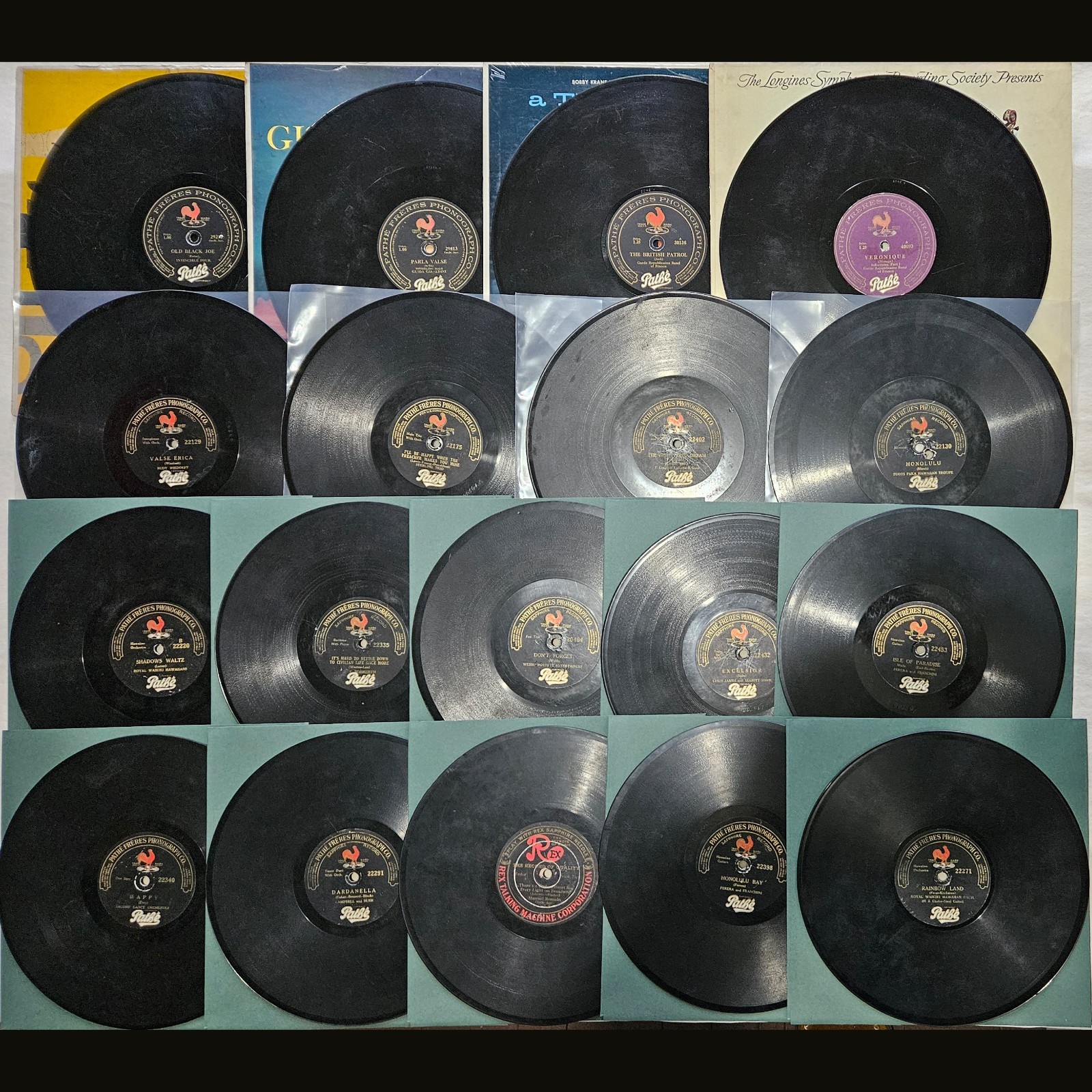 Eighteen 78 RPM Records: Vertical Cut Pathe Freres Rex Sapphire Rooster Lot #APZ