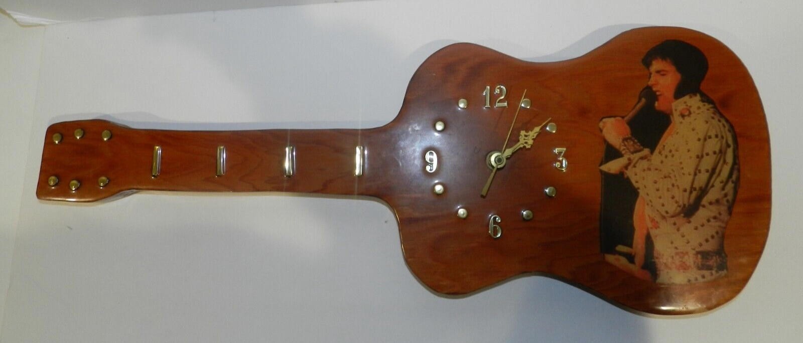 Vintage Elvis Presley Guitar Shaped Real Wood Lacquered Wall Art Clock 23 inches