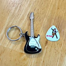 Joe Perry Guitar Metal Keychain Key Ring w/ Pick, Silver/Black/White, Modern picture