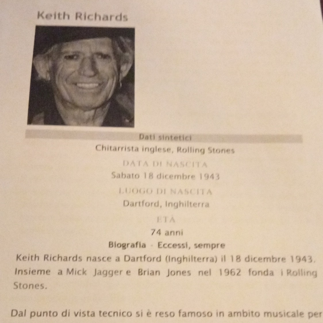 Keith Richards Rolling Stones Biography Cardboard Autograph