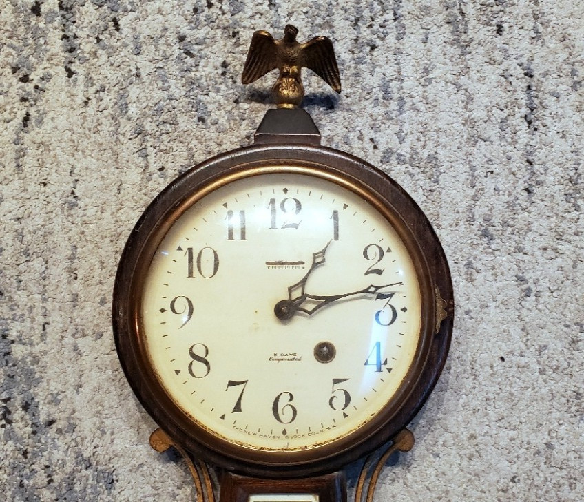 Vintage New Haven 8-Day Banjo Wall Clock 1920s-1940s Eagle Finial Sailboat