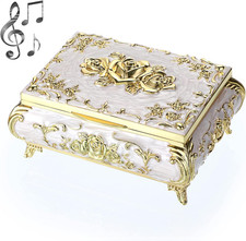 Vintage Music Box, Beige Metal Musical Jewelry Box Keepsake Box, Small Trinket J picture