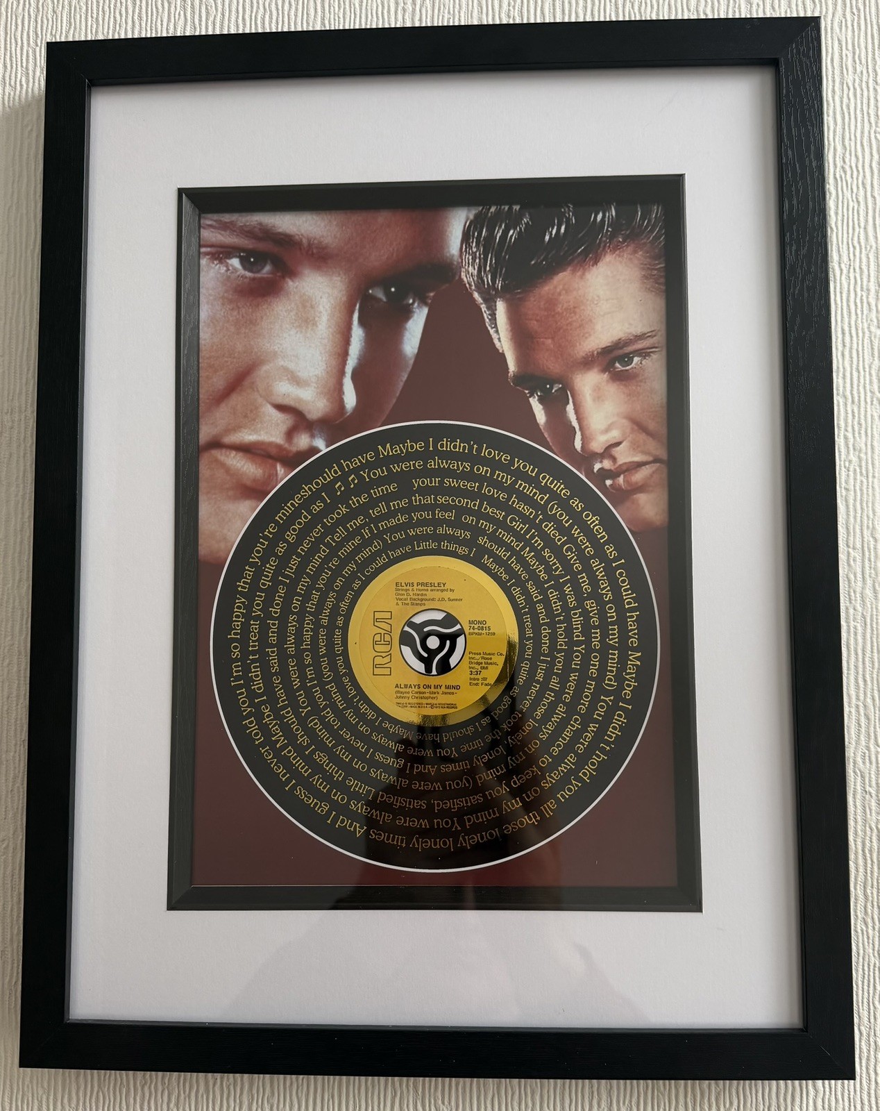 Framed Gold Foiled Print Record Lyrics Wall Art - Elvis & Always On My Mind