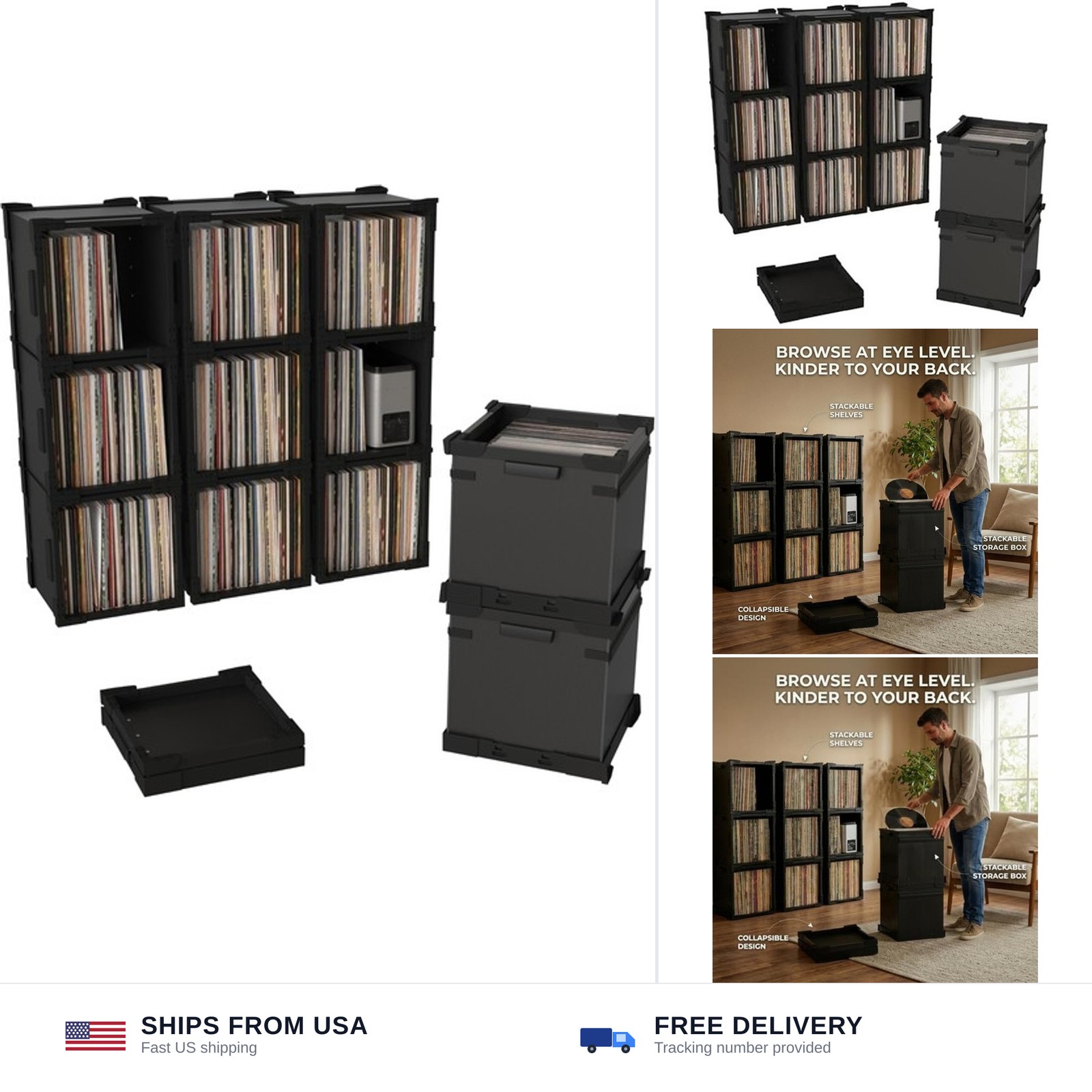HumminGuru FlexiCube Vinyl Record Storage Box – Stackable Organizer for 12” R...