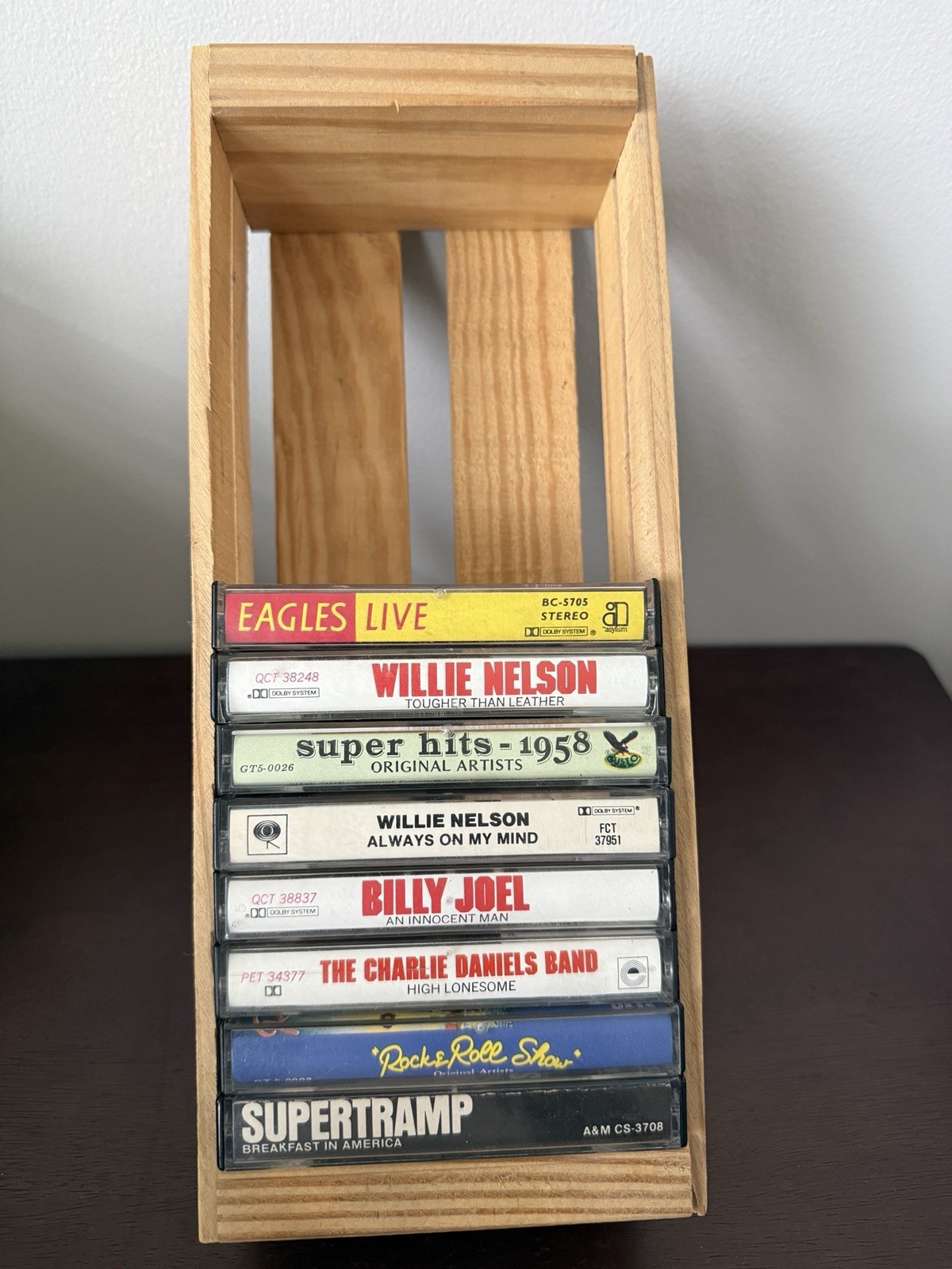 Vintage Wood Cassette Storage Crate Box Holder Tray Lot of 8 Tapes Eagles Joel