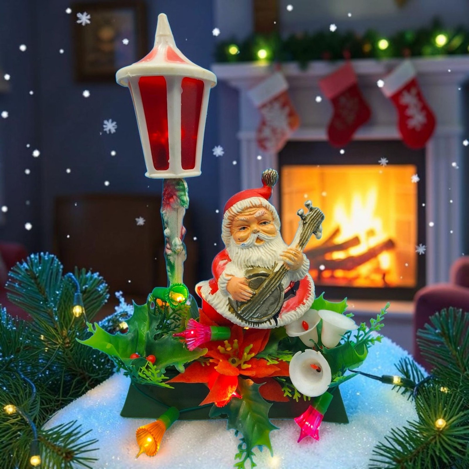 Vintage 1960s Santa Playing Banjo Light Up Christmas Decoration Santa Land Hong 