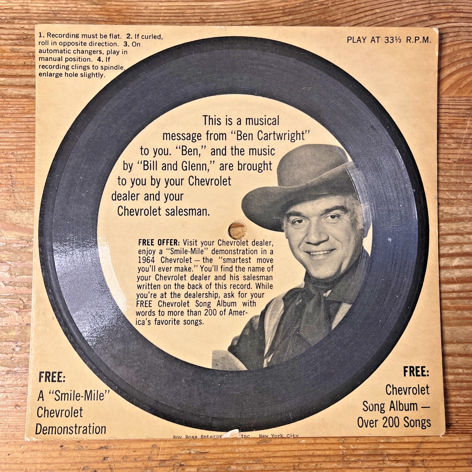 1964 Ben Cartwright Smile-Mile Chevrolet Dealer Promo Record Lorne Greene Ad