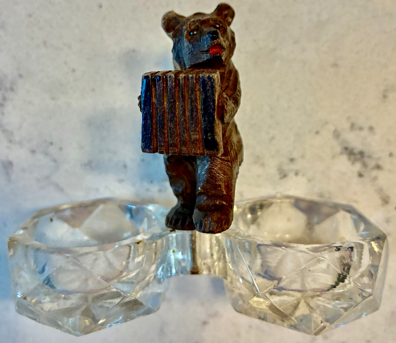 Antique Black Forest Carved Bear Salt Cellar Harmonica Cut Glass