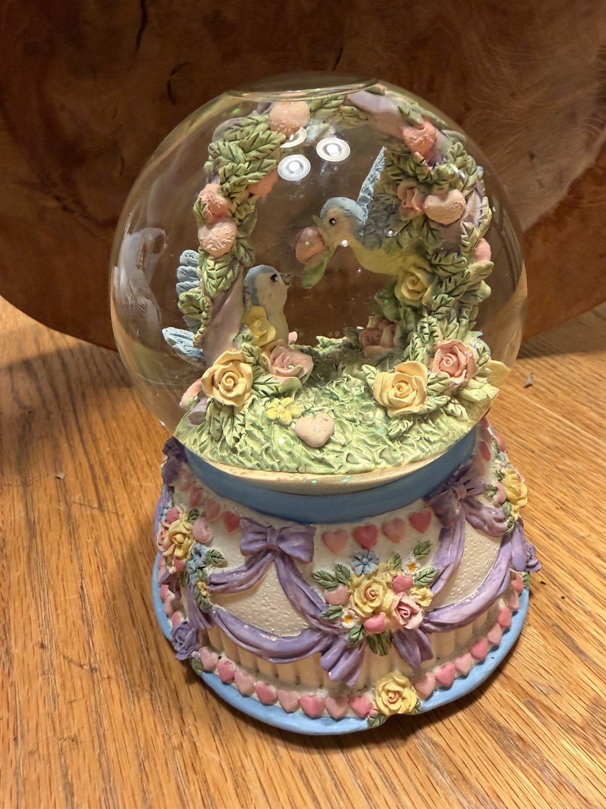 Vintage San Francisco Music Box Co Blue Birds Flower Wreath Musical Snow Globe