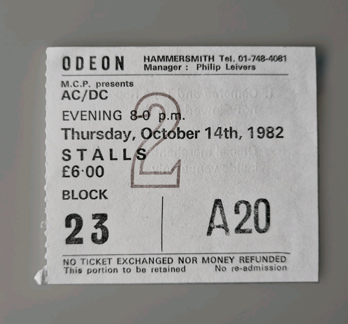 AC/DC - Used Concert Ticket [Hammersmith Odeon, UK] For Those About...Tour 1982